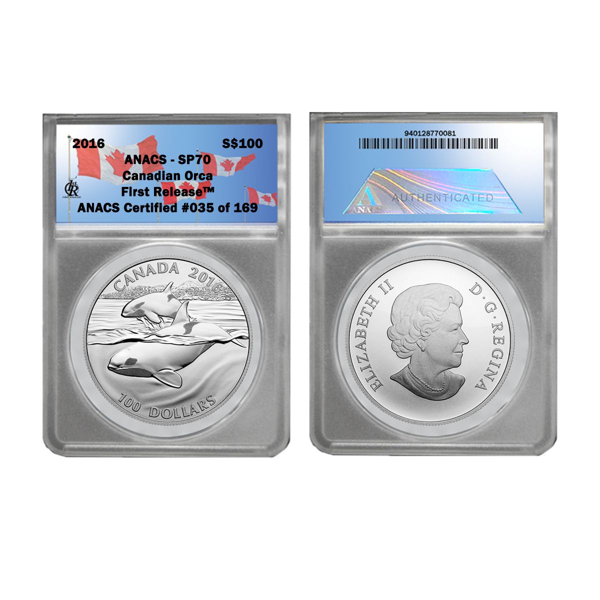 2016 Canada 100 Orca SIlver 1oz Coin ANACS SP70 1st Release