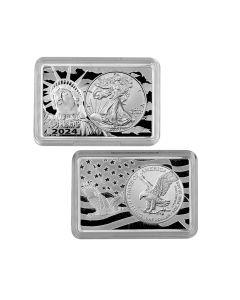 Silver Eagle 1oz Coin in-cased in Statue Of Liberty 2 Oz Bar .999 