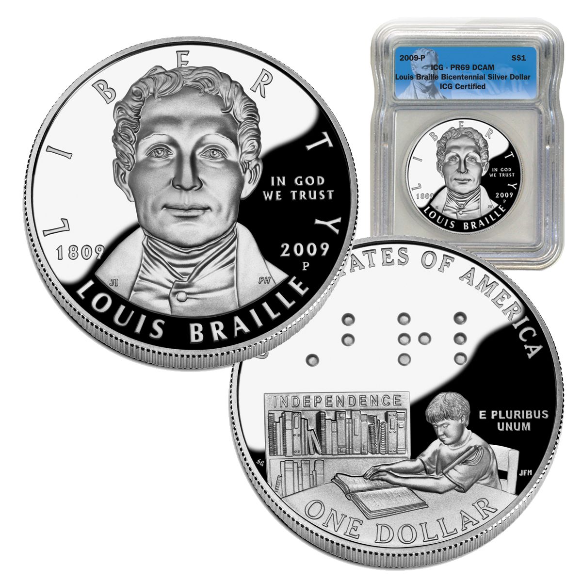 U S Mint 2009 Louis Braille Bicentennial Proof Silver Dollar 