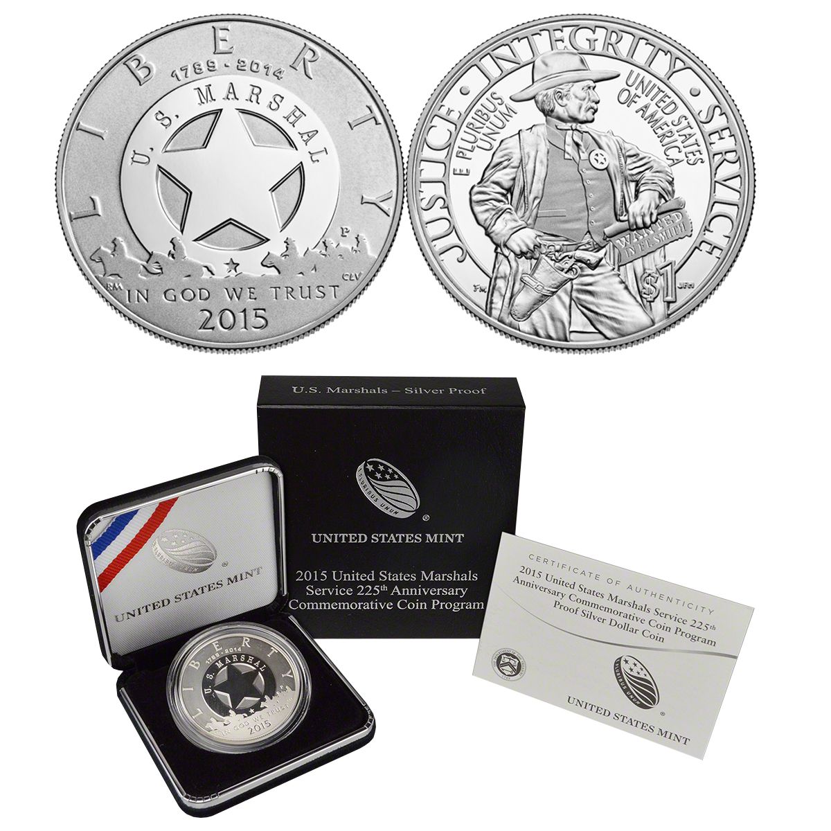 2015 US Marshal 225 th Anniversary  $1 dollar Silver Proof Coin COINS IN HAND 