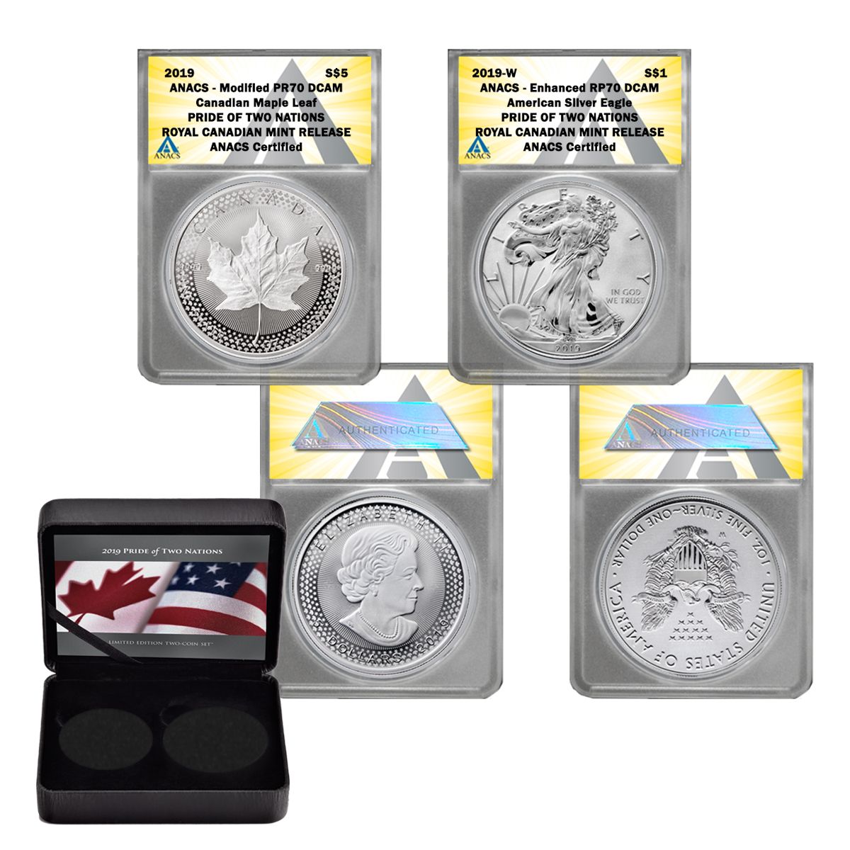 SILVER  EAGLE PRIDE OF TWO NATIONS SET TWO COIN SET 2019 W  NGC 70/70 