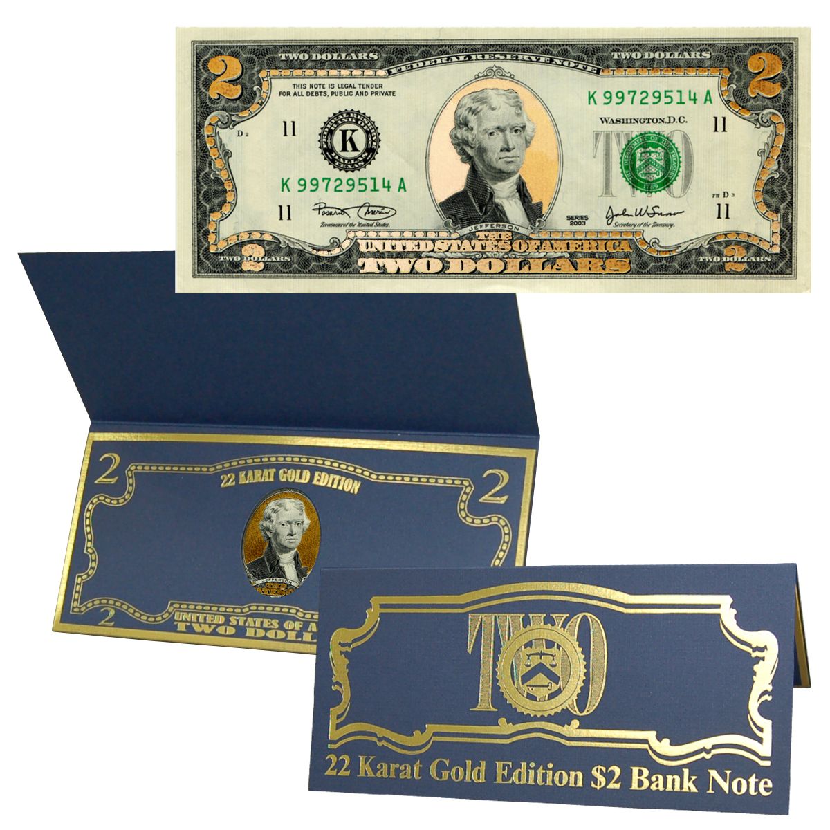 HOLOGRAM COLORIZED-USA NOTE LEGAL CURRENCY NOTES 2$-*22 K GOLD $ 2 DOLLAR BILL* 