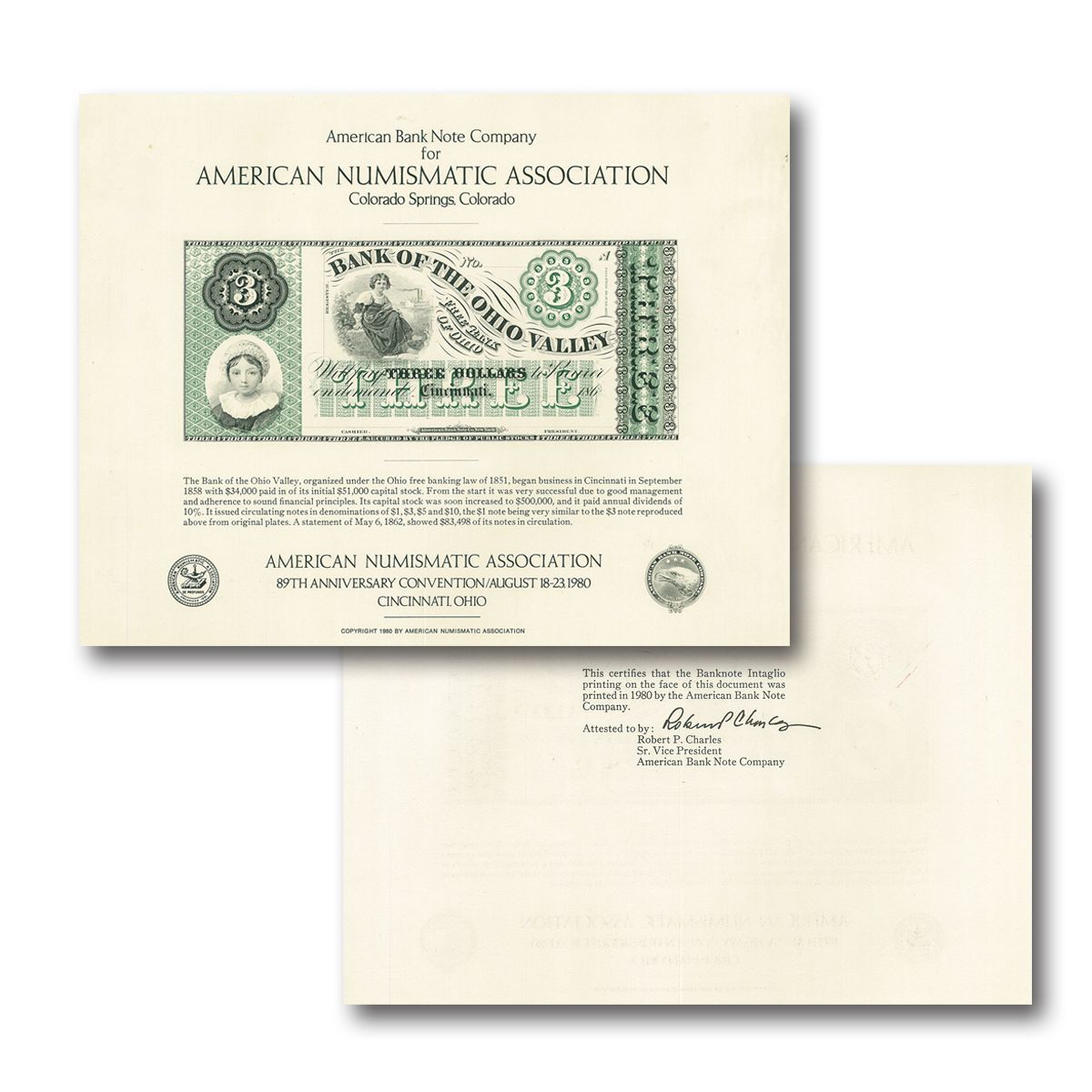 P 1984  B Souvenir Card E 1878 $10,000.00 United States Note Obverse B69 