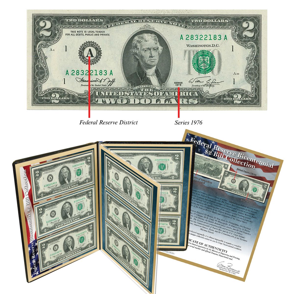 Lot 5 Consecutive Serial #'s * 1976 BICENTENNIAL Colorized 2-SIDED US $2 Bills 