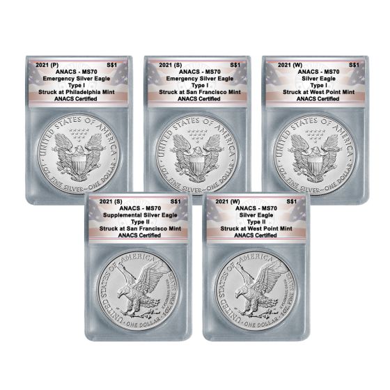 2021 American Silver Eagle Complete  Supplemental/Emergency MS70 Type Set 1