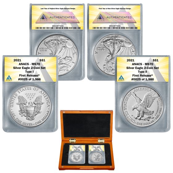  2021 American Silver Eagle Type 1 & Type 2 MS70 First Release 2 coin set 1