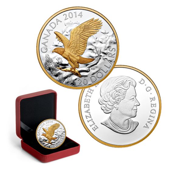 2014 Canada $20 Bald Eagle Perched 1 oz Pure Silver Proof Gold-Plated Coin 2