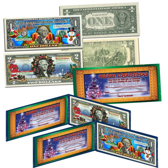 $1 & $2 Bill Colorized Christmas Bank Note 1