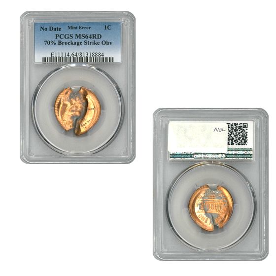  Lincoln Cent Mint Error PCGS MS64 RD - 70% Brockage Strike Obverse 1