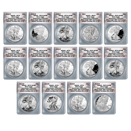 American Silver Eagle 14pc Anniversary Collection Certified Perfect 70 1