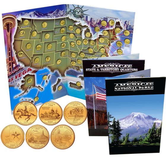Complete 56 State and Territory Quarter Collection Gold Plated in Folder Map 1