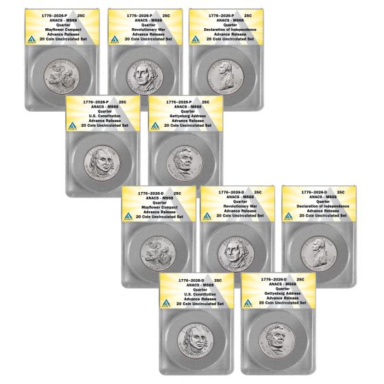 2026 P+D Complete 10 Coin Semiquincentennial Quarters Set MS68 Advance Release 1
