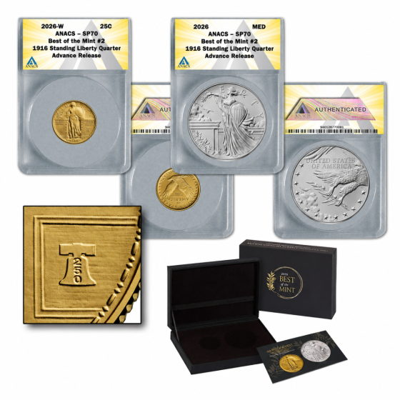 2026 Best of Mint 1916 Standing Gold Liberty Quarter & Silver Medal Set SP70 AR 1
