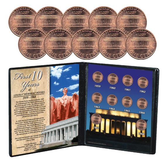 First 10 Lincoln Memorial Cents 1959 to 1968 1