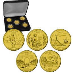 2003 US Statehood Quarters 24K GOLD PLATED – 5-Coin Complete Set With Capsules