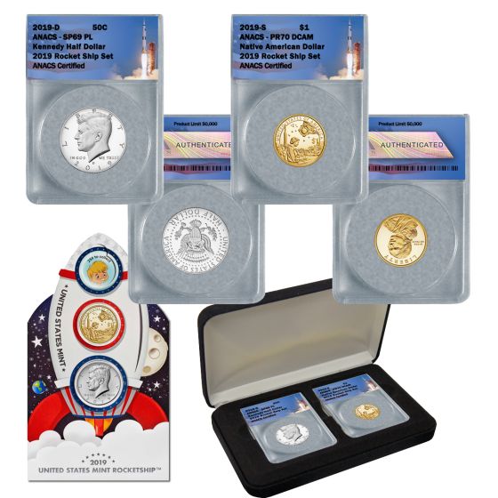 2019 Apollo 11 Rocketship Coin Set -  JFK MS69 PL &  Native American Dollar PR70  1