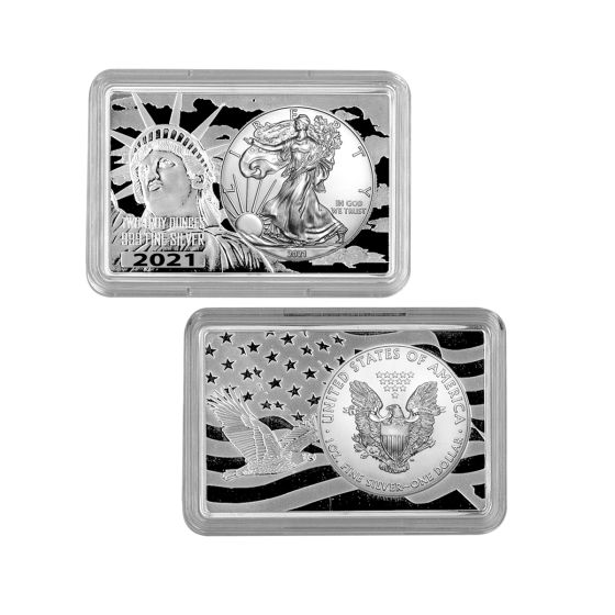 Silver Eagle 1oz Coin in-cased in Statue Of Liberty 2 Oz Bar .999 -2021 1