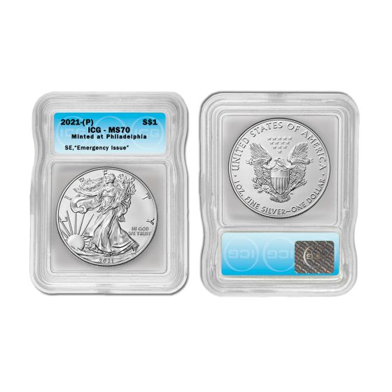  2021 (P) Emergency Silver Eagle Dollar Coin MS70 ICG 1