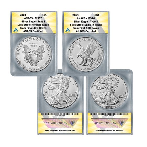 2021 American Silver Eagle $1 Type 1 and Type 2  Set MS70 First and Last Production 1