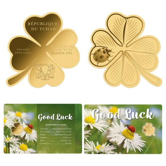 Good Luck 4-Leaf Clover 1/1000 oz. 99.9% Gold Coin - Republic of Chad 1