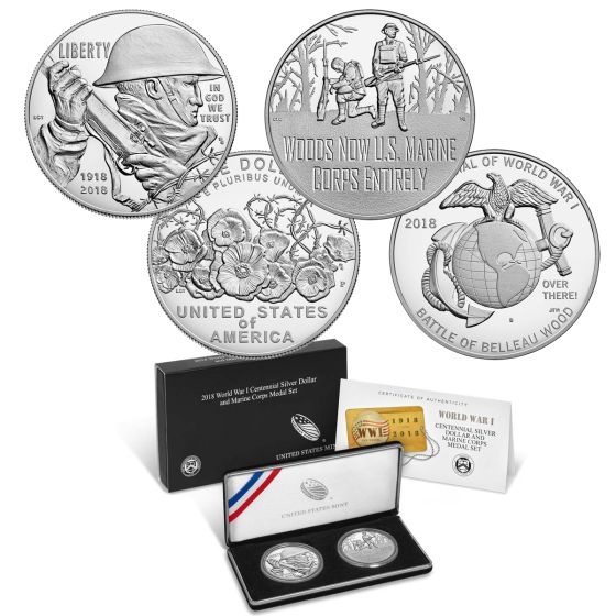 2018 Centennial WW1 Silver Dollar and Medal Set-Marines Corps 2