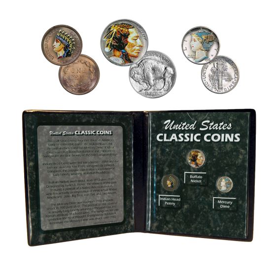 Classic U.S Coins Colorized - Mercury Dime Indian Head Penny & Buffalo Nickel 1