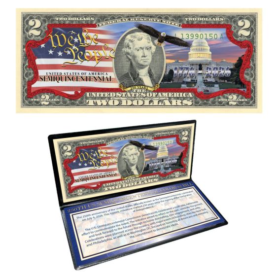 1776-2026 250th Anniversary Semiquincentennial Colorized $2 Bill 1