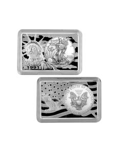 Silver Eagle 1oz Coin in-cased in Statue Of Liberty 2 Oz Bar .999 -1991