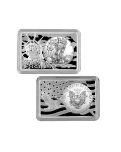 Silver Eagle 1oz Coin in-cased in Statue Of Liberty 2 Oz Bar .999 -2004