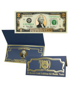 22k Gold Layered Uncirculated Two Dollar Bill - Special Edition Collectible Currency