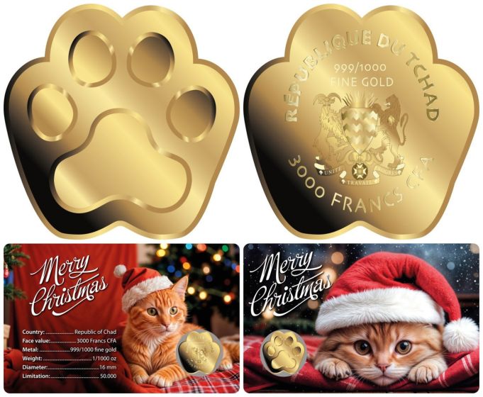 Merry Christmas 1/1000 oz Gold coin in Card - Christmas Cat with Santa's Hat 1