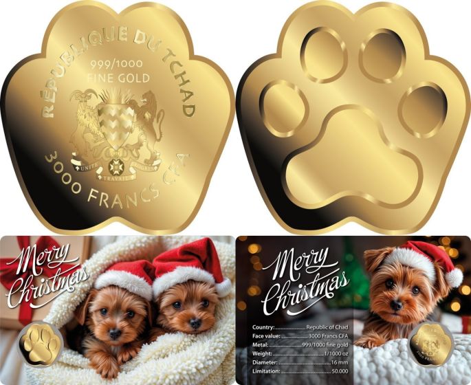 Merry Christmas  1/1000 oz Gold coin in Card - Christmas Dogs with Santa's Hat 1